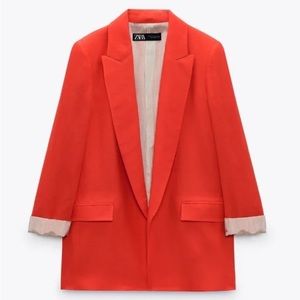 Zara printed linen blended cuffed blazer